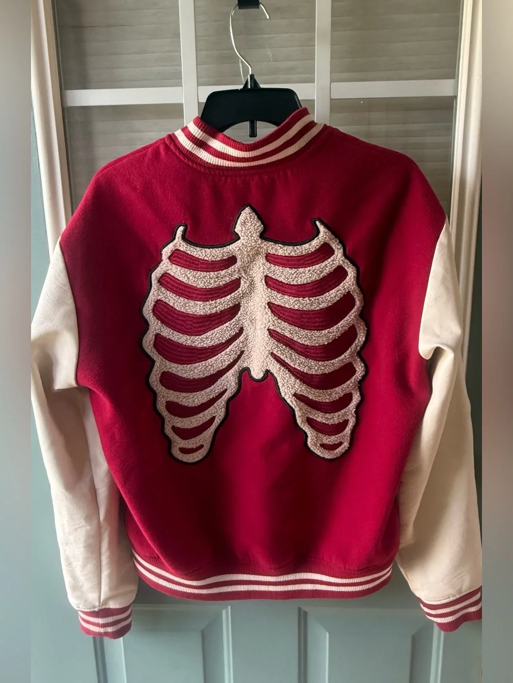 NOVA MEN Skeleton Varsity Jacket Red Ivory Chenille Bones Bomber Snap Small